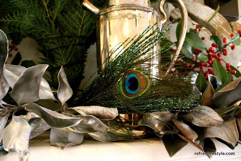 Christmas Mantel with silver and natural elements.