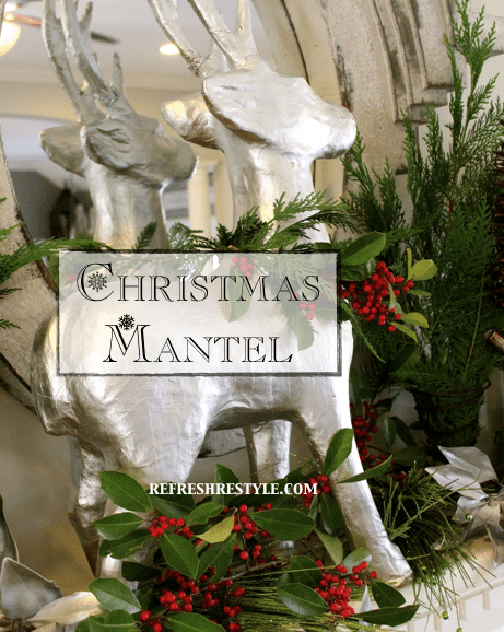 Christmas Mantel with silver and natural elements.