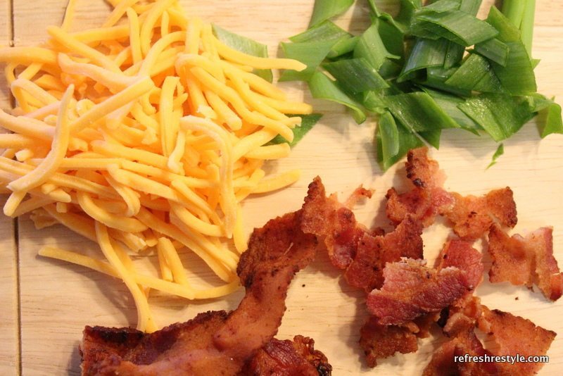 Cheese, bacon, green onion