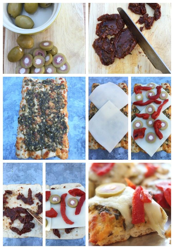 How to make a delicious appetizer. Pizza Bites quick and delicious with Pesto and roasted red peppers Mezzetta Olives