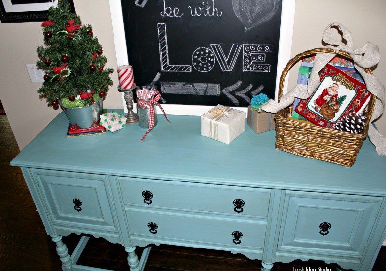 Annie Sloan Chalk Paint - Provence-Blue-Buffet-with-orginial-hardware-in-Black-gloss-see-full-makeover-tips-at-Fresh-Idea-Studio