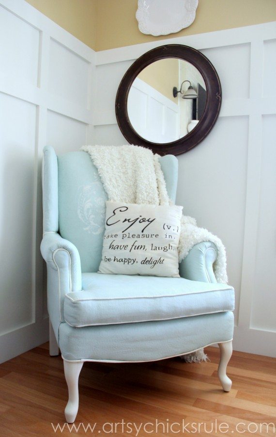 Annie Sloan Chalk-Painted-Upholstered-Chair-Makeover from artsychicksrule.com-paintedupholstery-chalkpaint-diy
