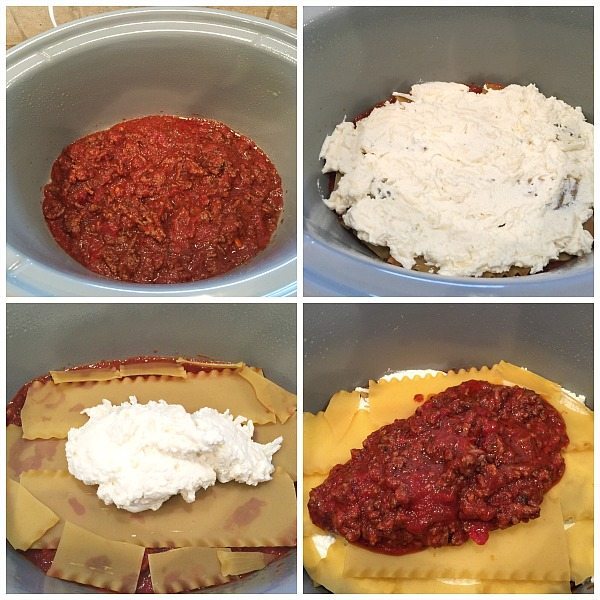 Layering the ingredients for making slow cooker recipe for Lasagna in your crock pot