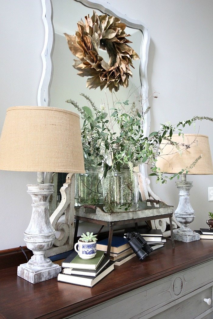 Dried magnolia wreath painted furniture lamps and mirror