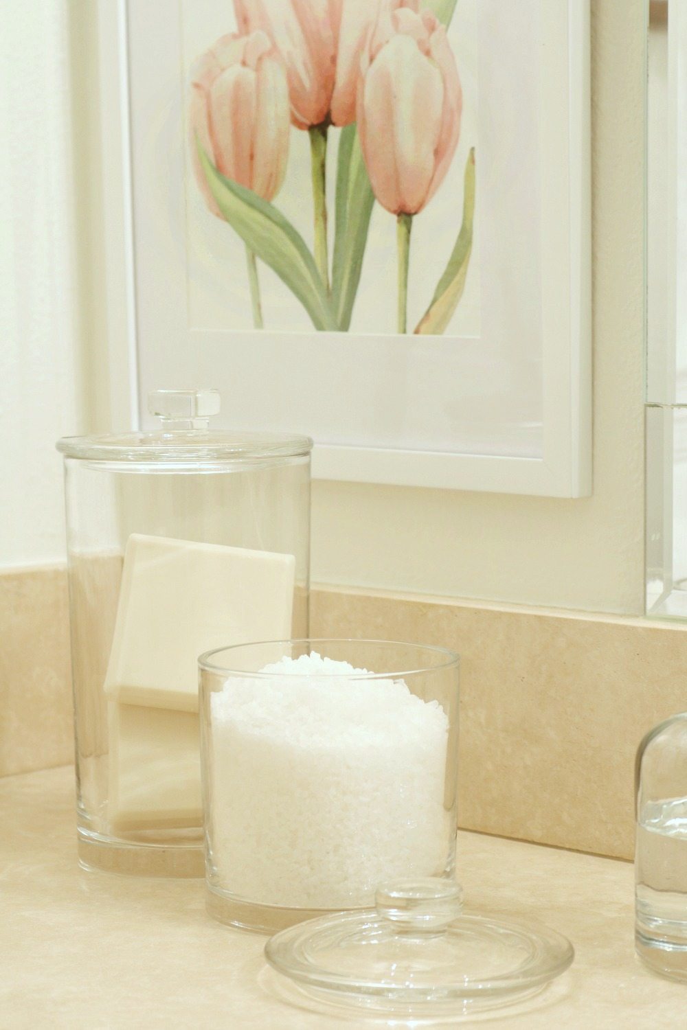 Bath salts and bath bars in glass storage