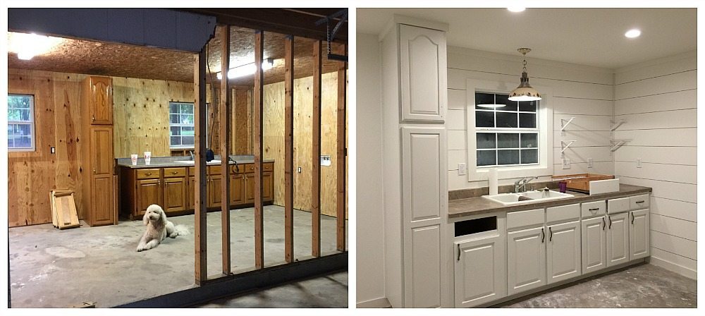 Cottage Kitchen before and during cabinet painting makeover at Refresh Restyle