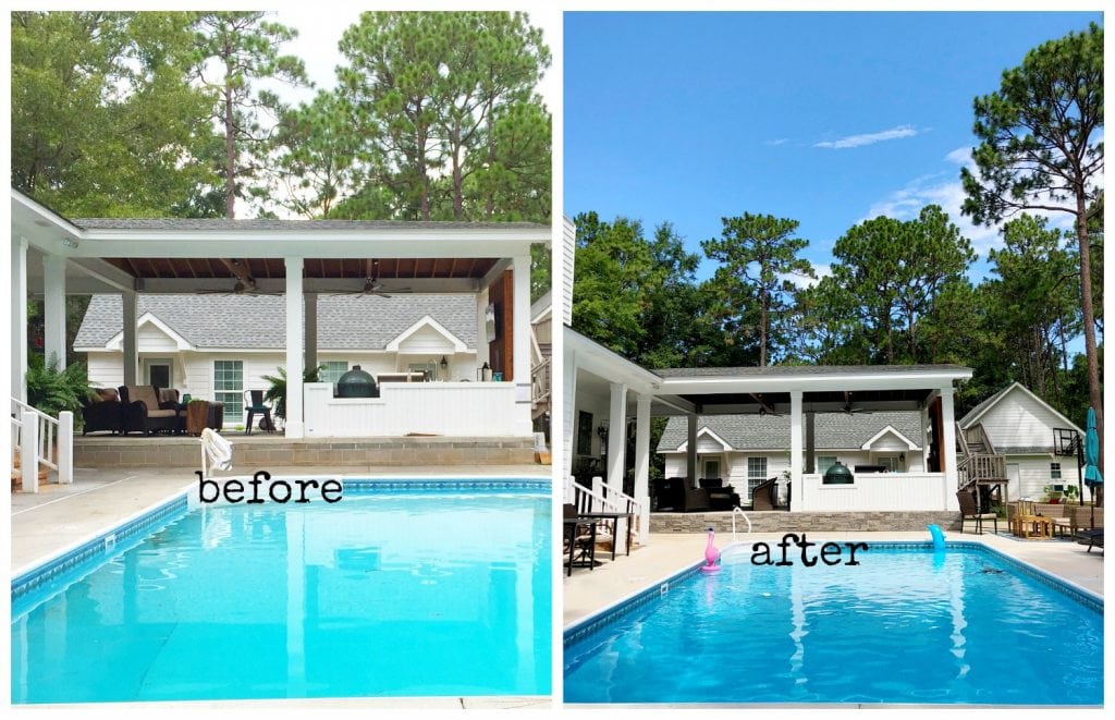 Pool side before after stone on foundation