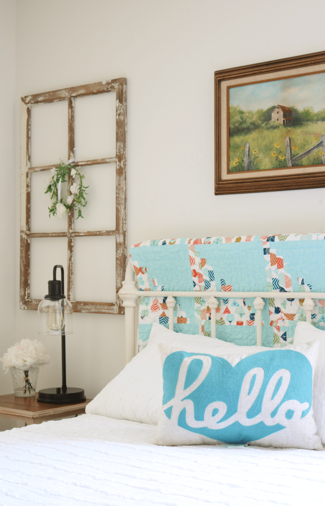 Farmhouse guest room decor, affordable, light and bright!