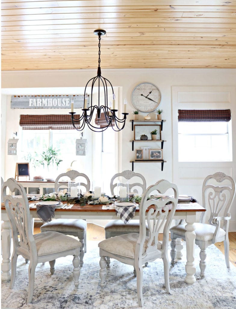 Shiplap ceiling in farmhouse dining room