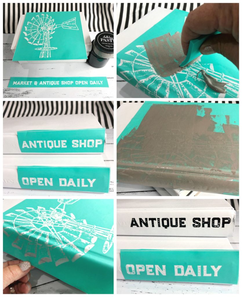 Chalk Couture Transfers and paste used to DIY book stack farmhouse style