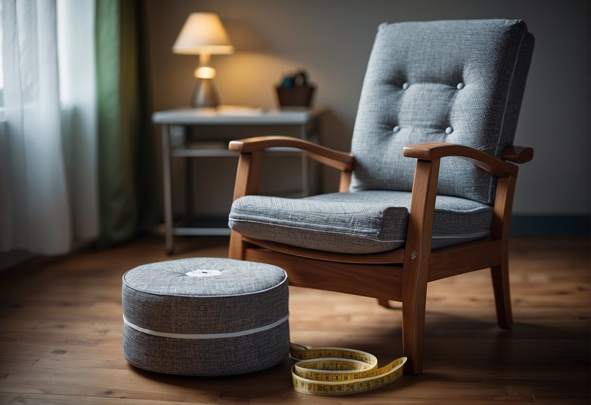 A chair with its upholstery removed, measuring fabric with a tape measure, and a calculator nearby for calculating the required amount of fabric