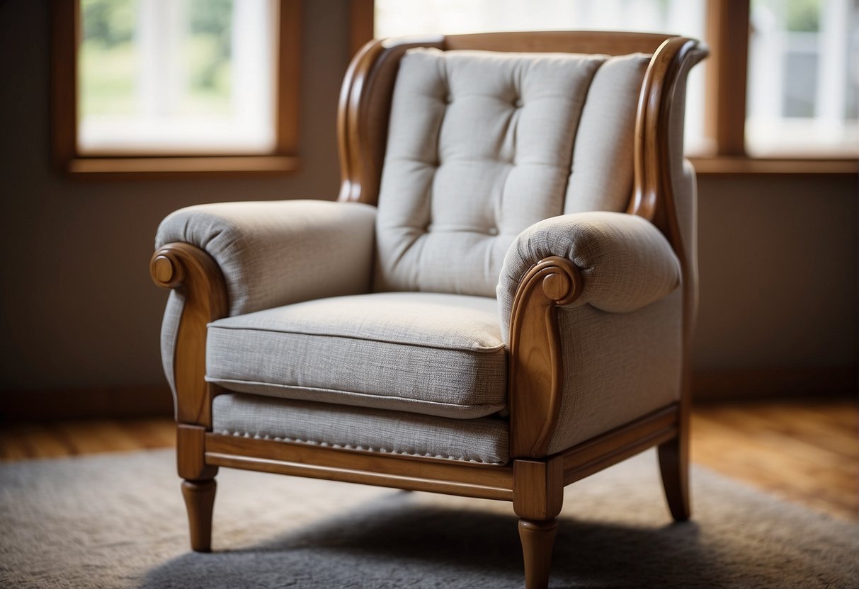 A chair with bare wooden frame, measuring fabric for reupholstering