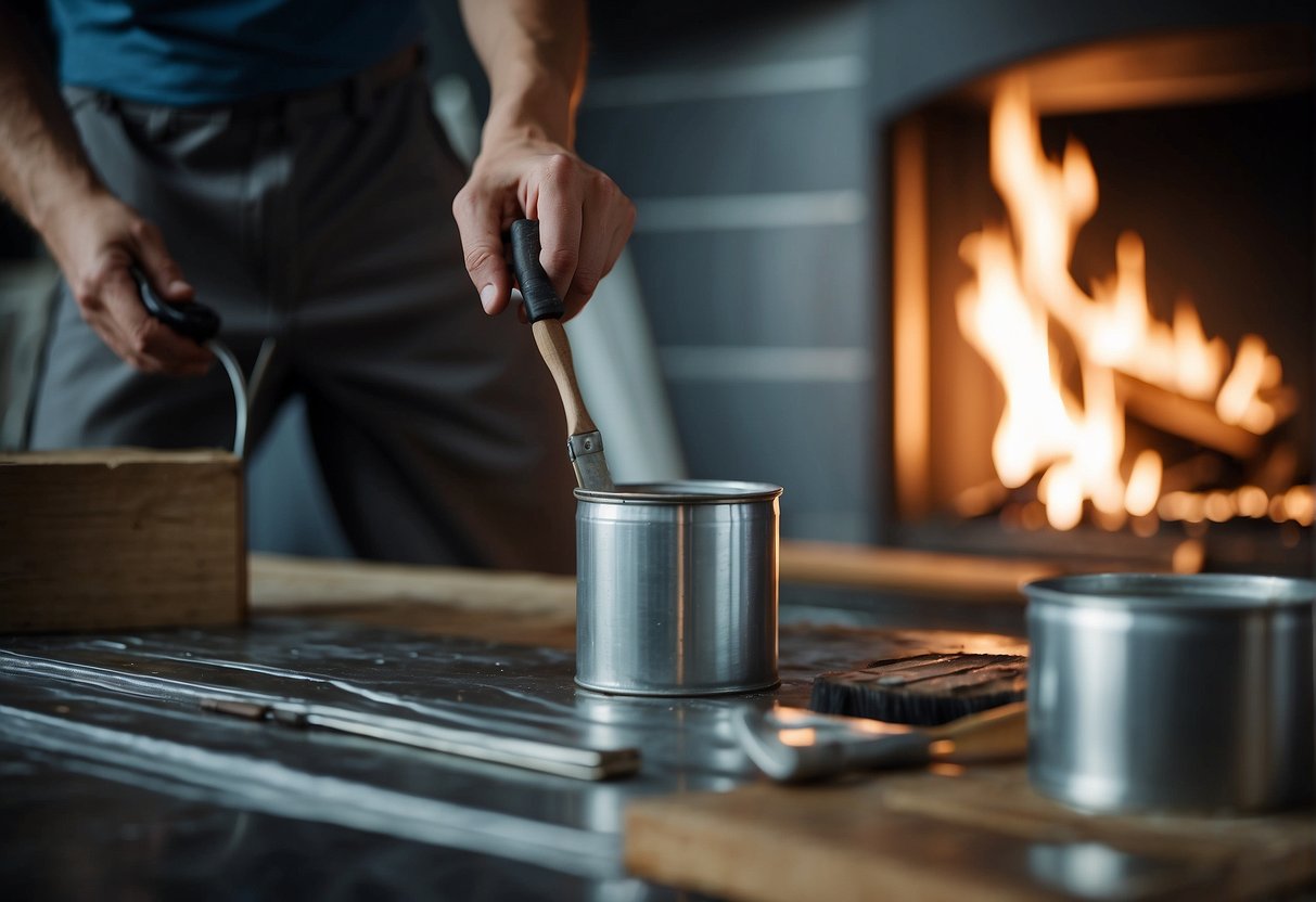 A person painting a metal fireplace with a brush and can of paint, surrounded by protective sheets and tools