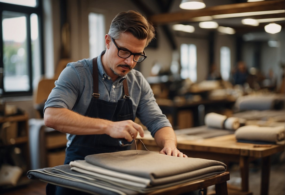 A professional upholsterer measures fabric for chair reupholstery
