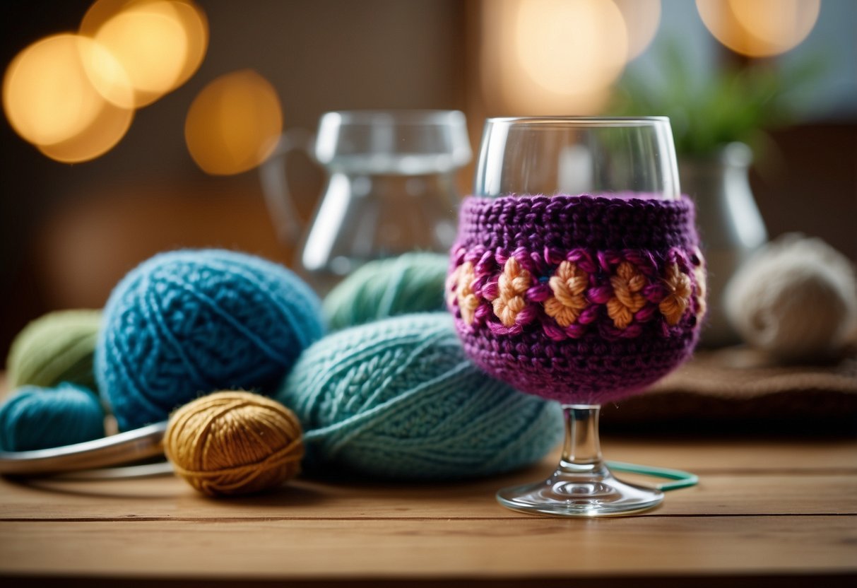 A wine glass cozy being crocheted in various patterns and colors, with yarn and crochet hooks scattered on a table