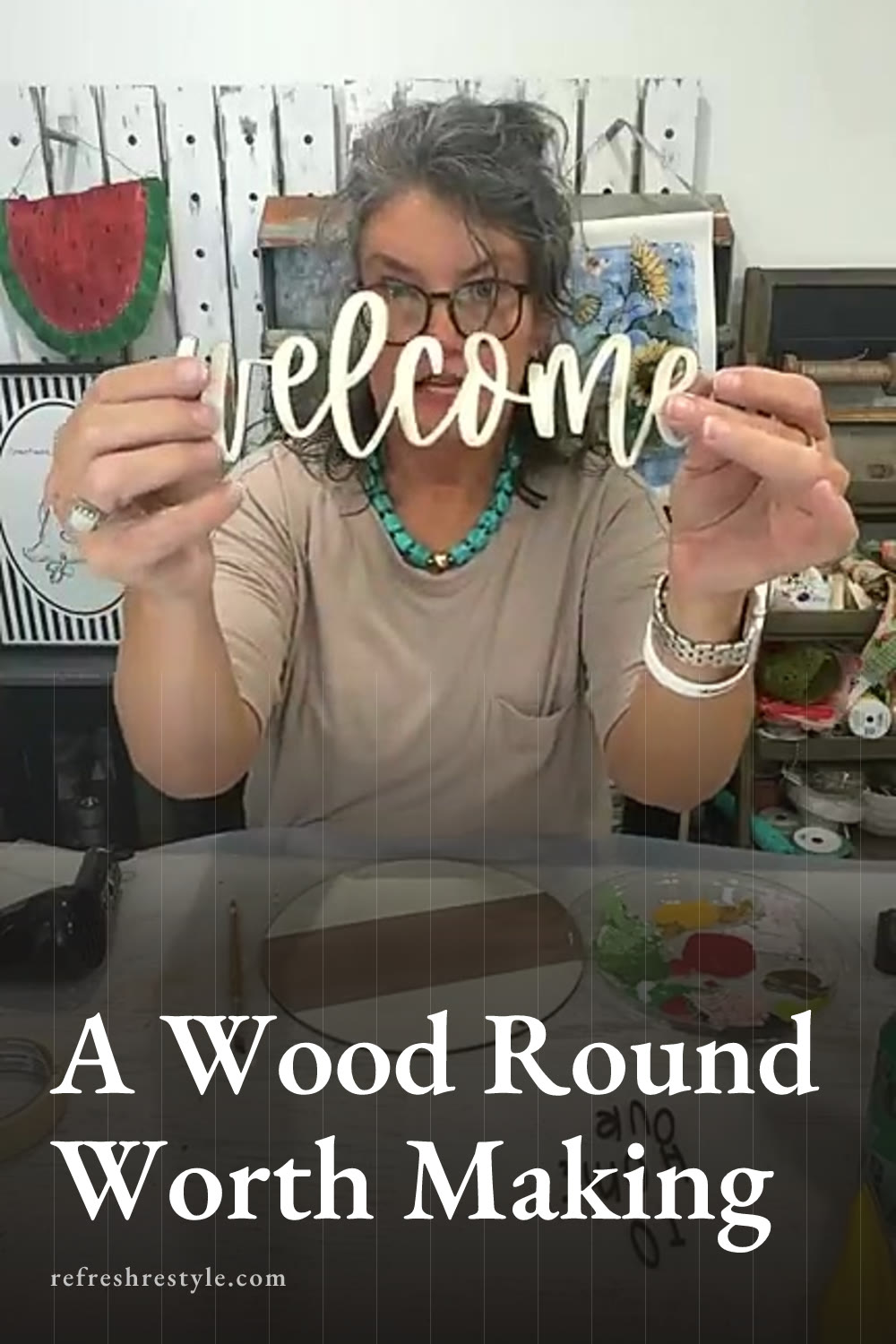 DIY Wood Round Welcome Sign With Greenery