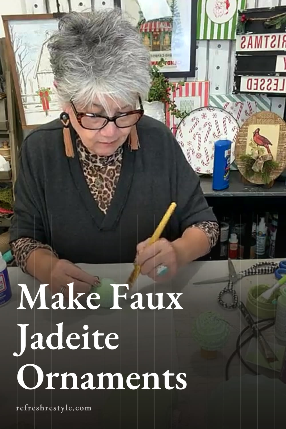 Faux Jadeite Ornaments With Chalk Couture Sage Paste